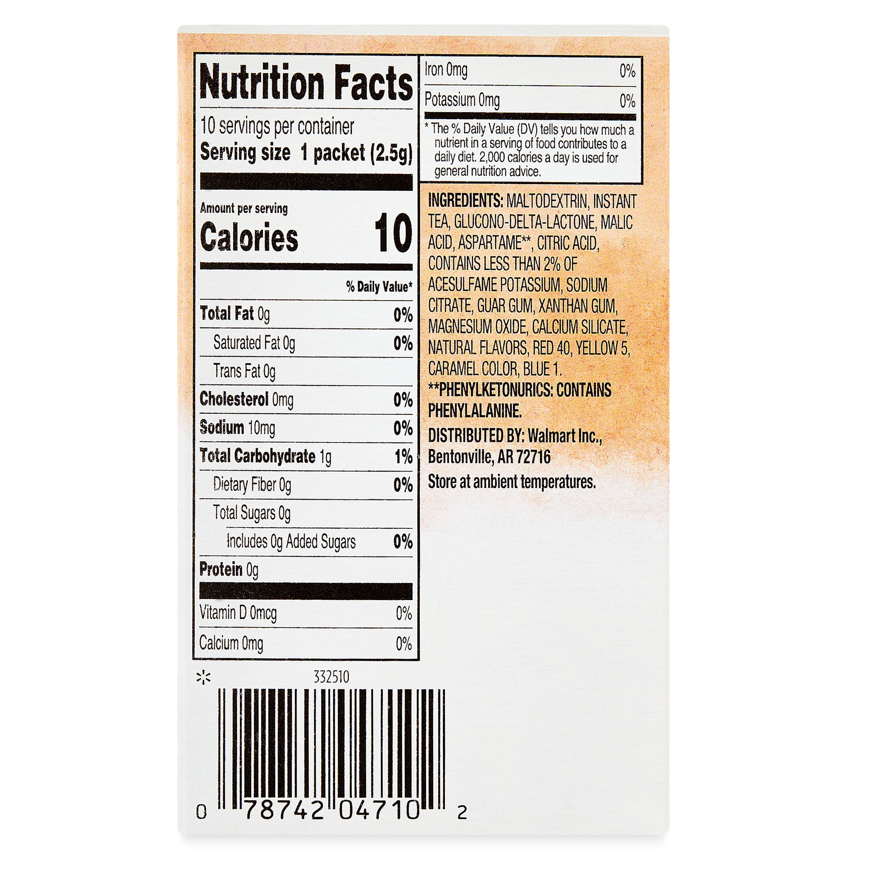Great Value Sweet Tea Naturally Caffeinated Instant Iced Tea Mix 0.09 oz 10 Count