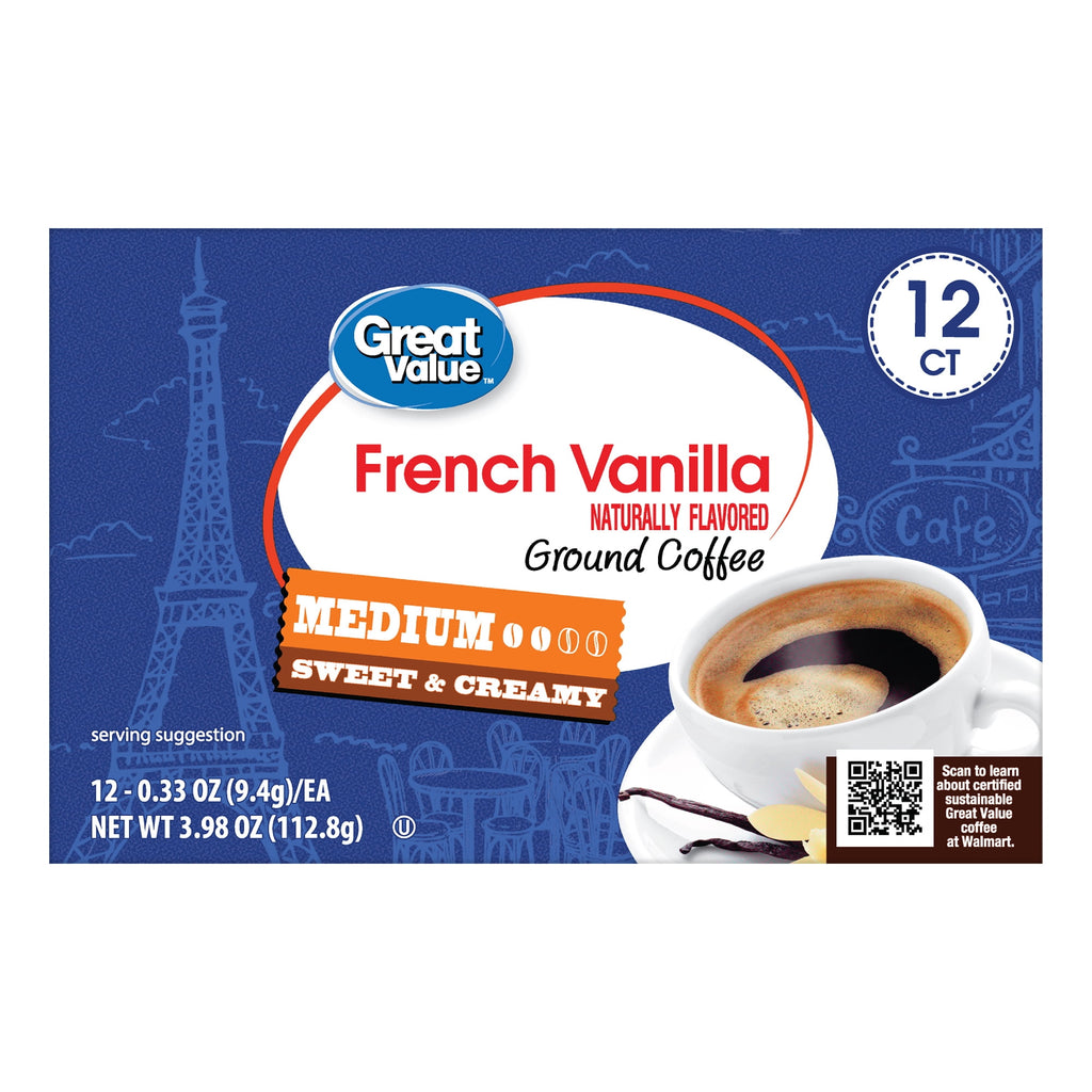 Great Value 100% Arabica French Vanilla Medium Roast Ground Coffee Pods 12 Count