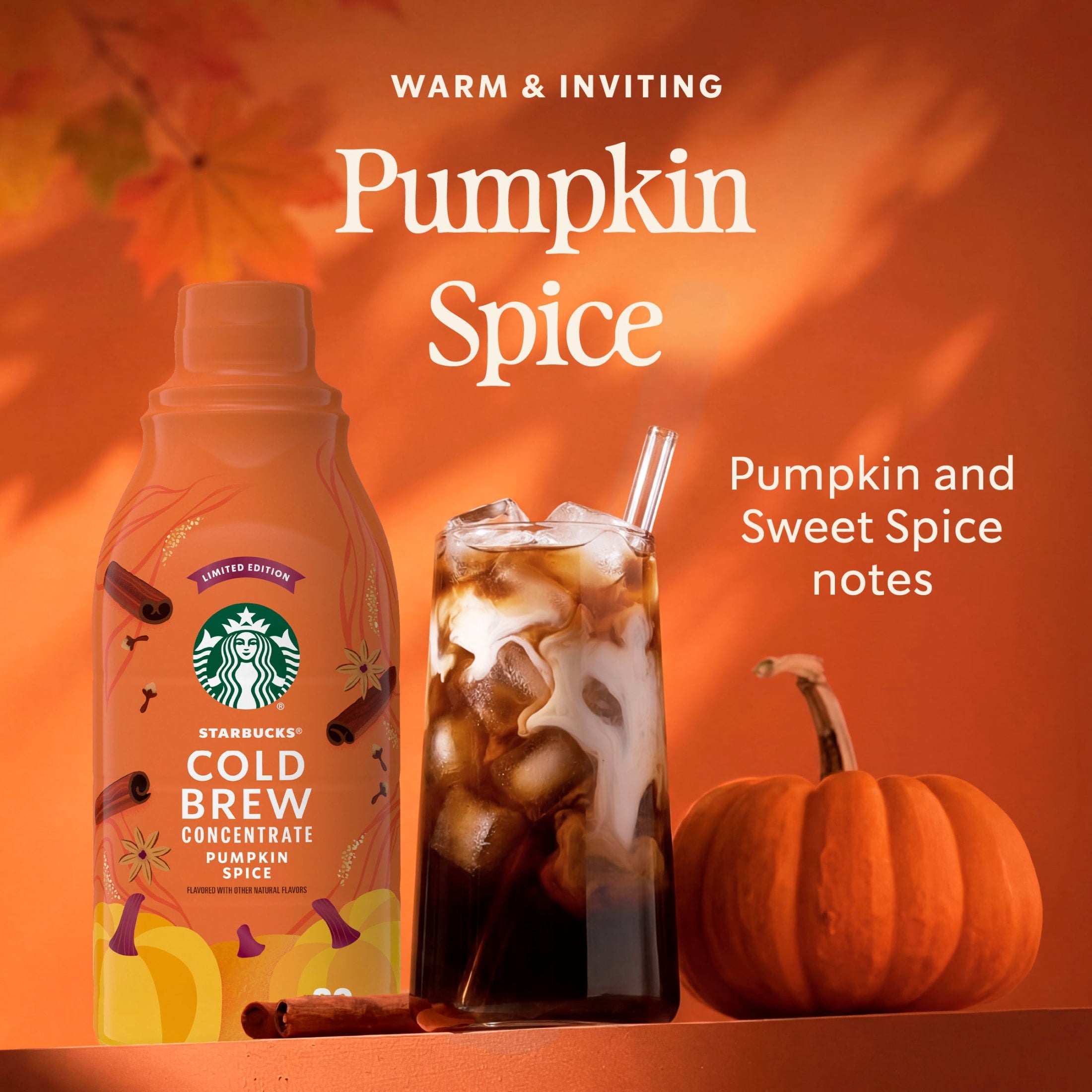 Starbucks Pumpkin Spice Naturally Caffeinated Medium Roast Cold Brew Coffee Concentrate 32 fl oz Bottle