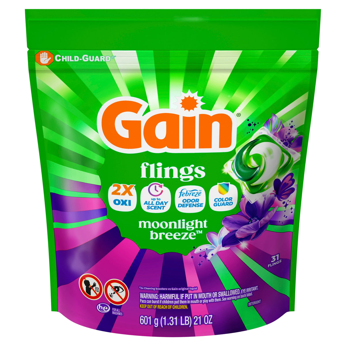 Gain Flings 4-in-1 Oxi Boost Febreze Laundry Detergent Pacs Moonlight Breeze 31 Count