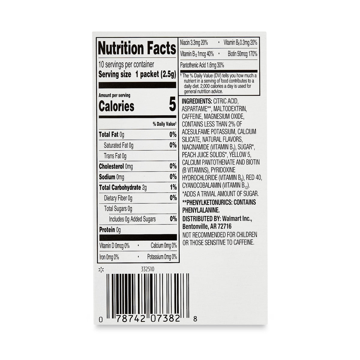 Great Value Energy Peach Mango Sugar-Free Caffeinated Drink Mix Packets 0.9 oz 10 Count
