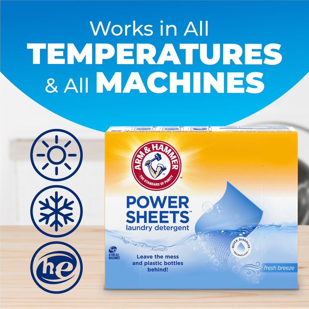 ARM & HAMMER Power Sheets Laundry Detergent Fresh Breeze 60 Count Up to 120 Small Loads