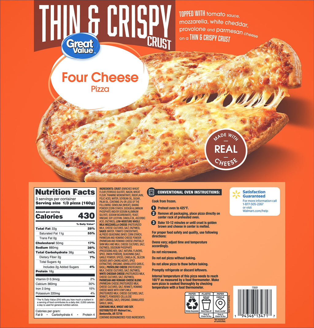 Great Value Thin Crust Four Cheese Frozen Pizza 16.9 Oz
