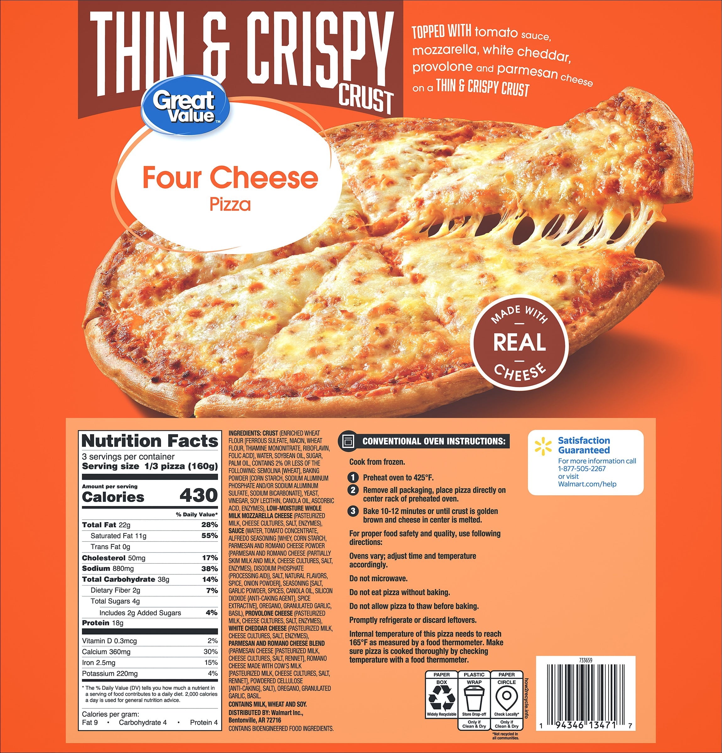Great Value Thin Crust Four Cheese Frozen Pizza 16.9 Oz