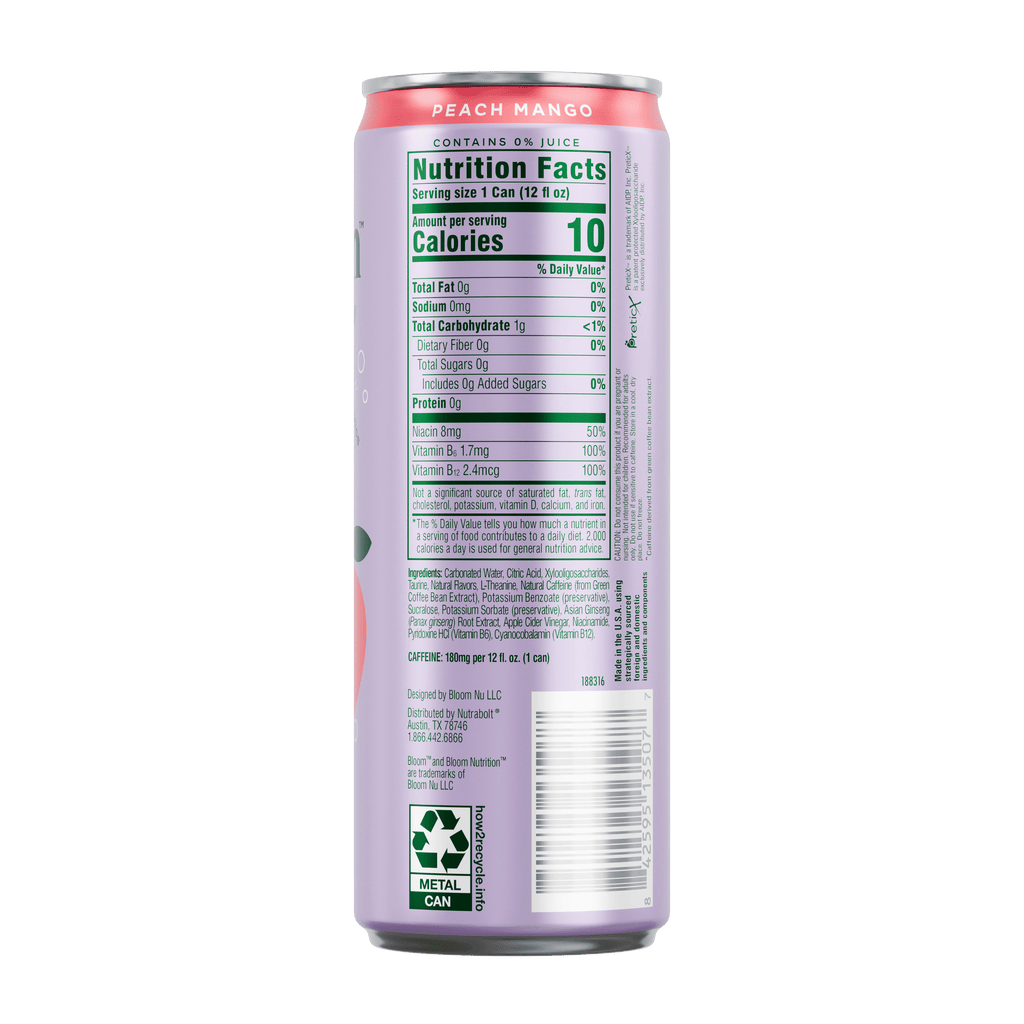 Bloom Nutrition Sparkling Peach Mango Energy Drink 12 fl oz Single Can