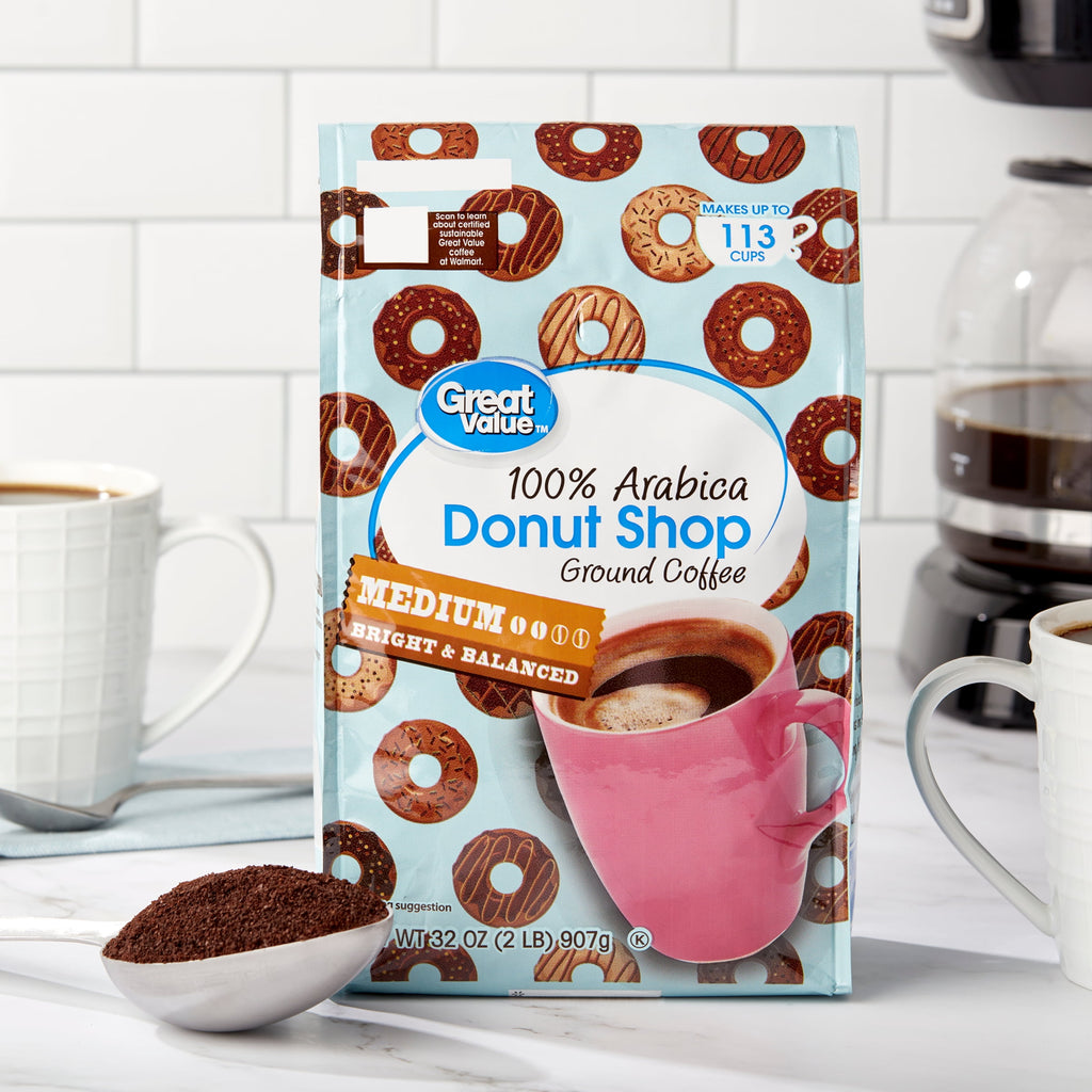 Great Value Donut Shop Naturally Caffeinated Medium Roast Ground Coffee 32 oz Bag