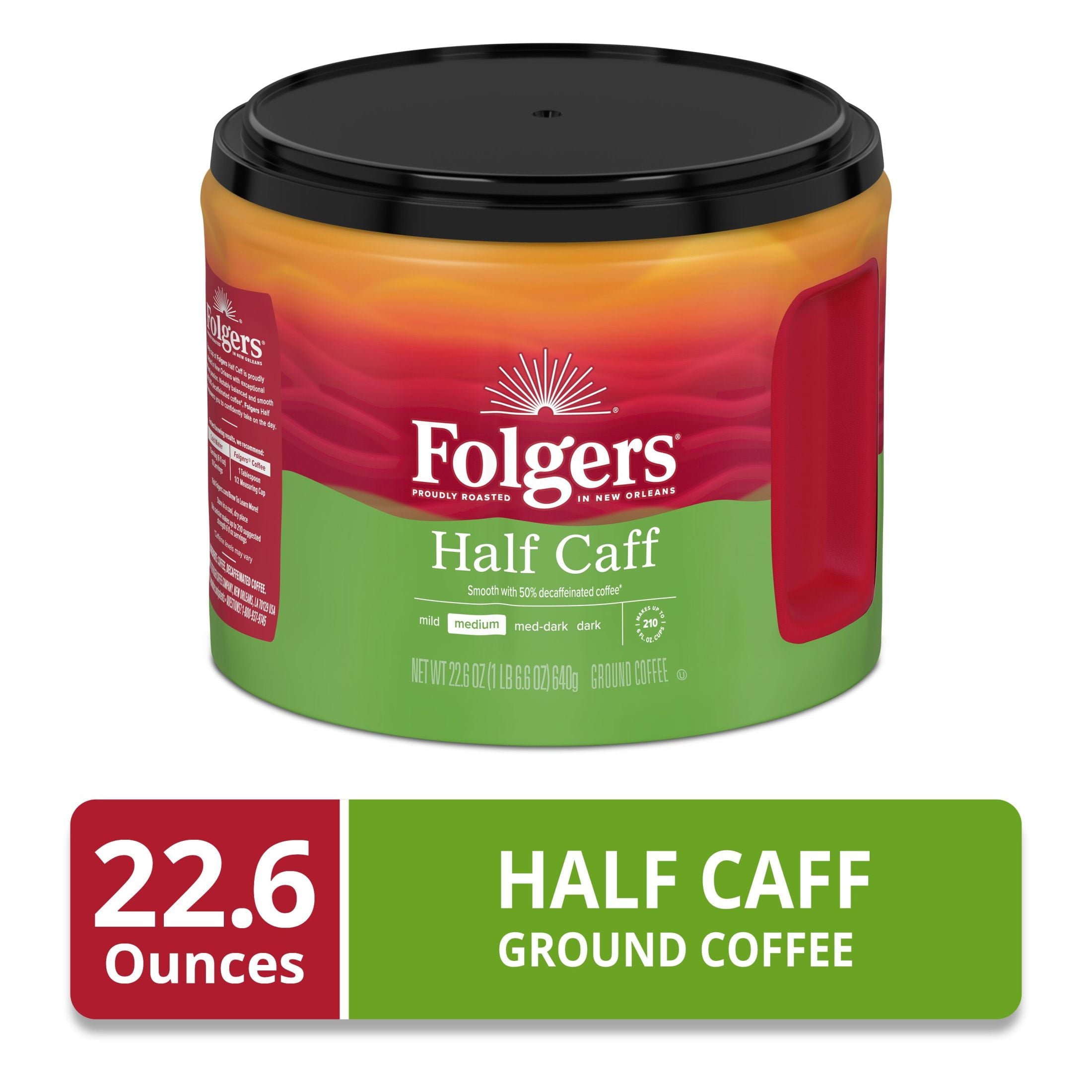 Folgers Half Caff Naturally Caffeinated Medium Roast Ground Coffee 22.6 oz Canister