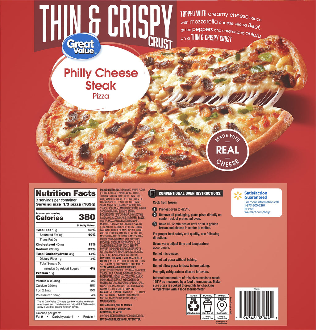 Great Value Thin Crust Philly Cheesesteak Pizza Frozen 17.25 Oz