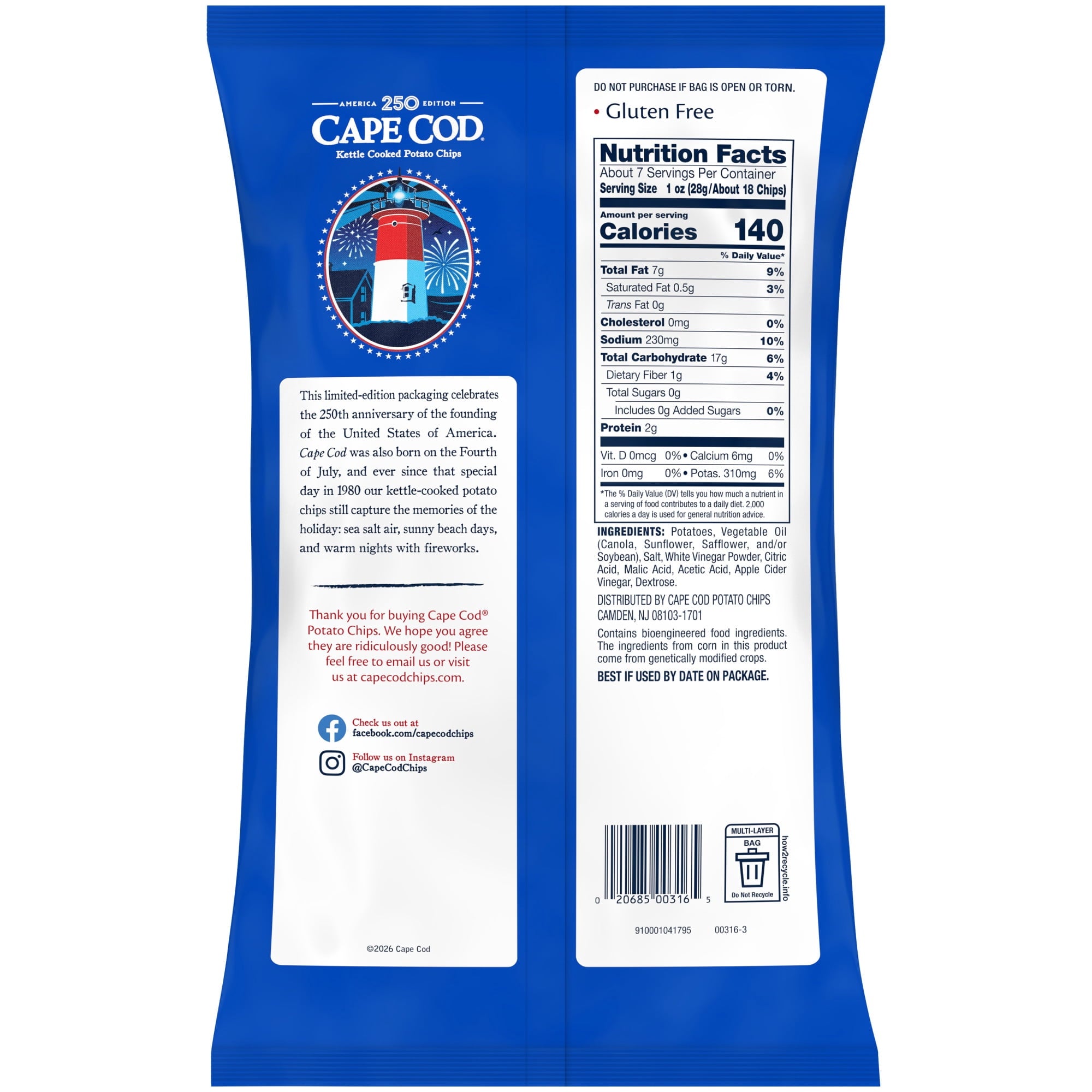 Sea Salt & Vinegar Kettle Cooked Potato Chips 7.5 Oz Cape Cod