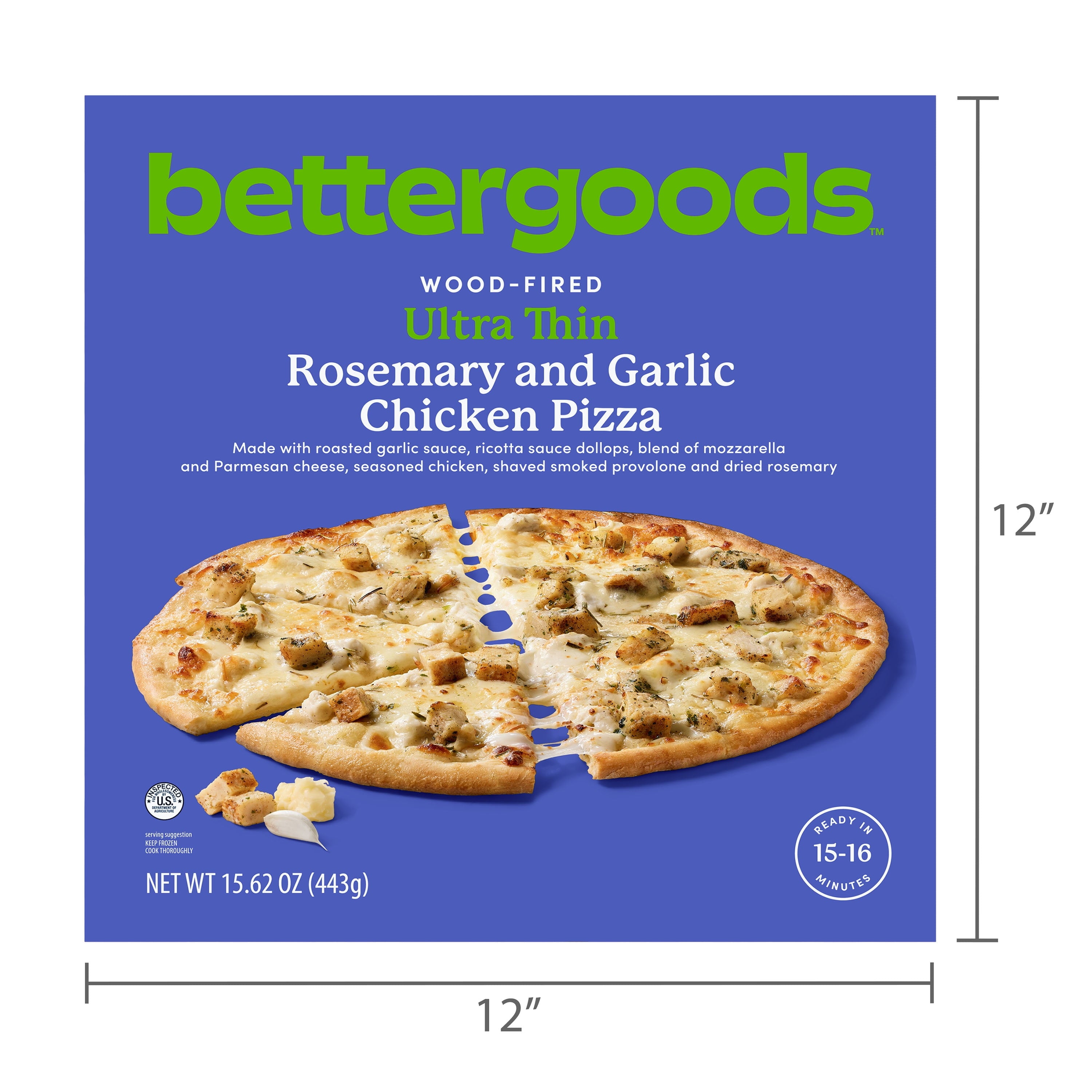 Bettergoods Wood-Fired Ultra-Thin Roasted Garlic and Rosemary Chicken Pizza 15.6 Oz Frozen