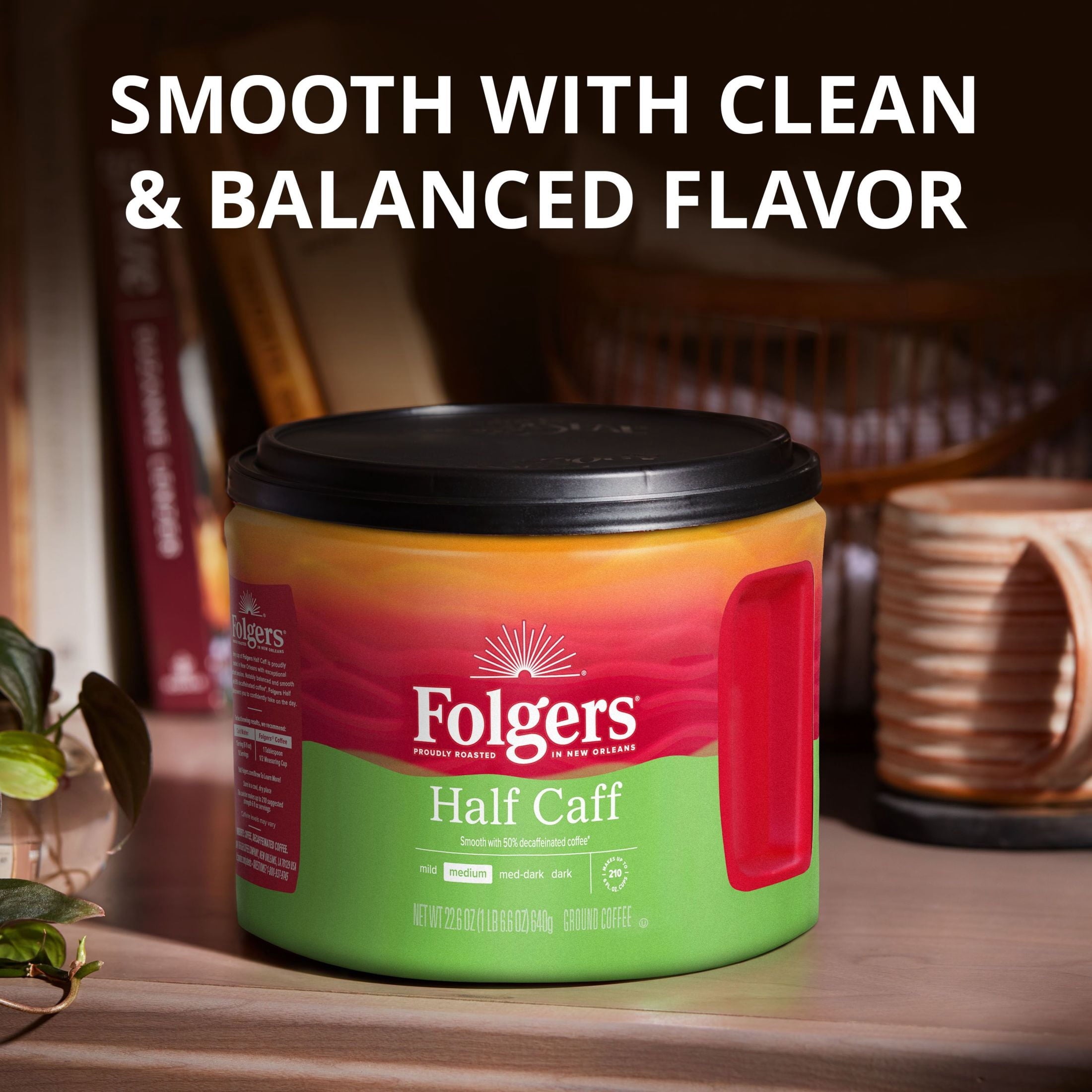 Folgers Half Caff Naturally Caffeinated Medium Roast Ground Coffee 22.6 oz Canister
