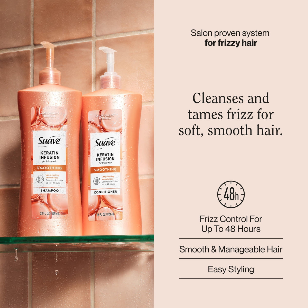 Suave Keratin Infusion Smoothing Shampoo for Frizzy Hair 48HR Frizz Control 28 fl oz