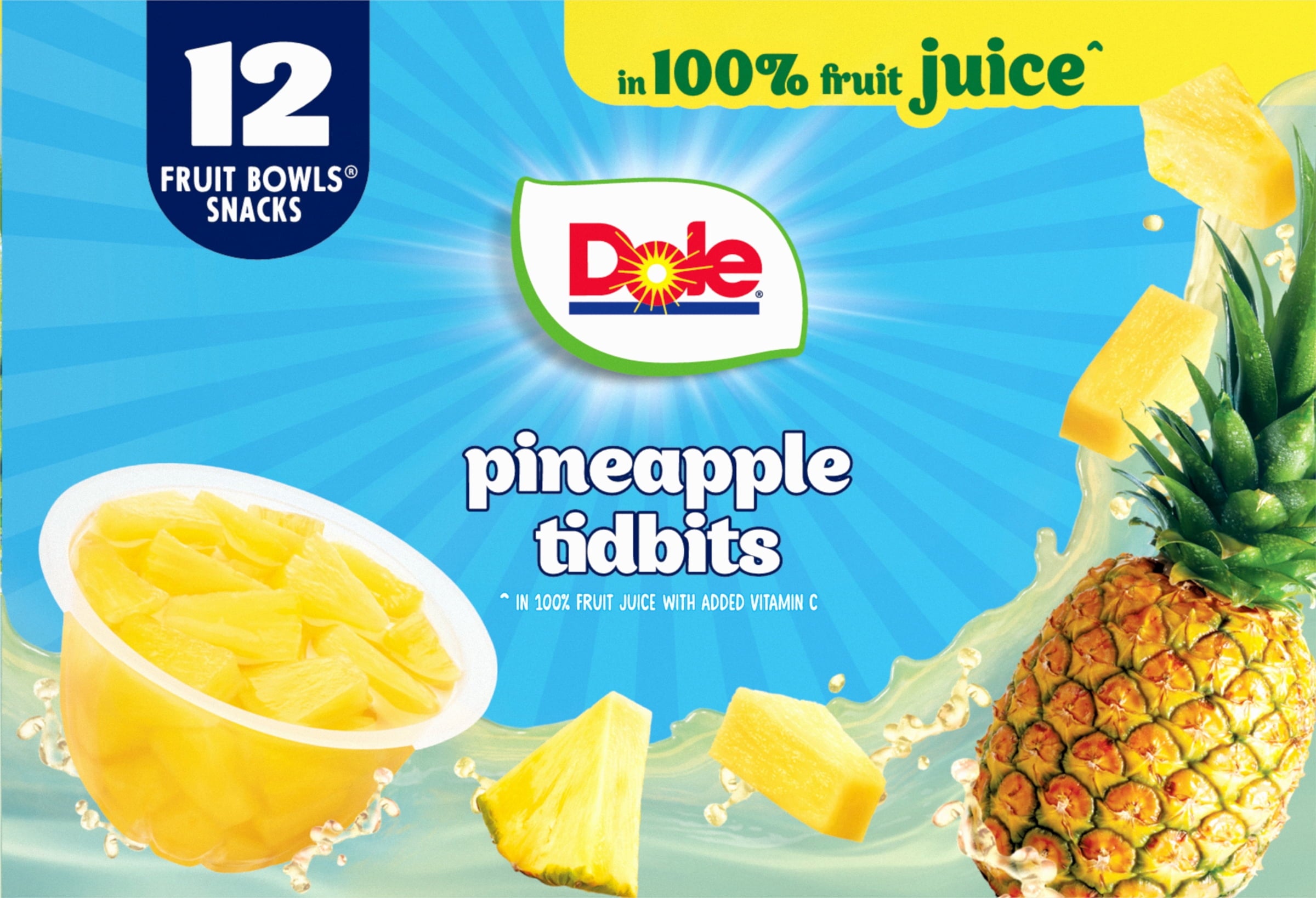 Dole Fruit Bowls Pineapple Paradise Tidbits in 100% Fruit Juice 4 oz Cups 12 Pack