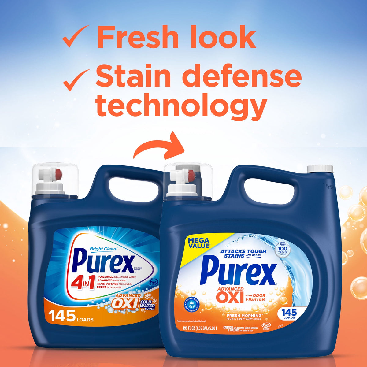 Purex Advanced Oxi + Odor Fighter Liquid Laundry Detergent Fresh Morning 199 fl oz 145 Loads