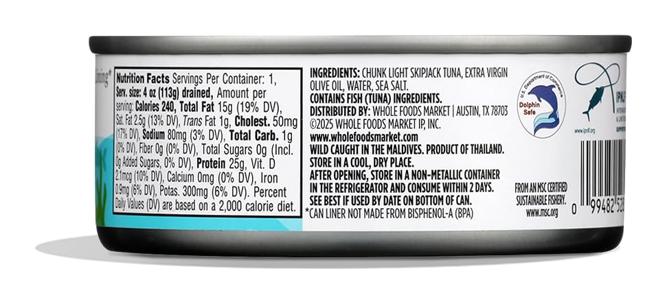 Skipjack Tuna in Extra Virgin Olive Oil Salt Added 5 Oz 365 By Whole Foods Market