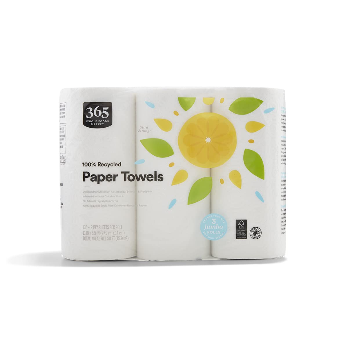 100% Recycled Jumbo Paper Towels Ultra-Strong 135 Sheets 3 Count 365 By Whole Foods Market