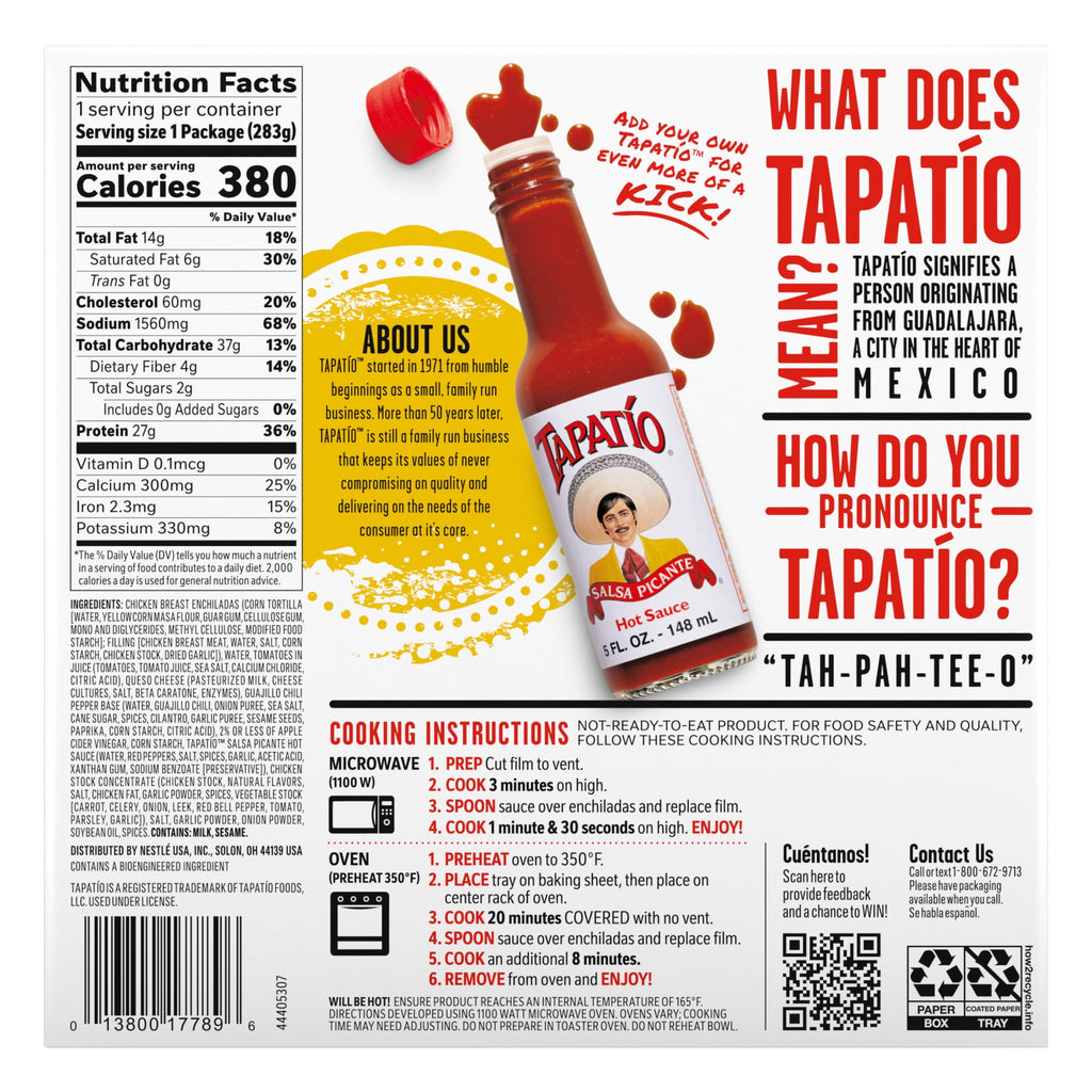 Tapatío Chicken Enchiladas Frozen Mexican Meal 10 Oz