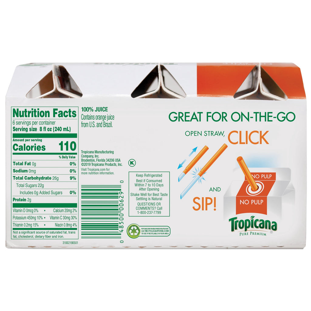 Tropicana Pure Premium 100% Orange Juice Original No Pulp 8 fl oz Cartons 6 Pack