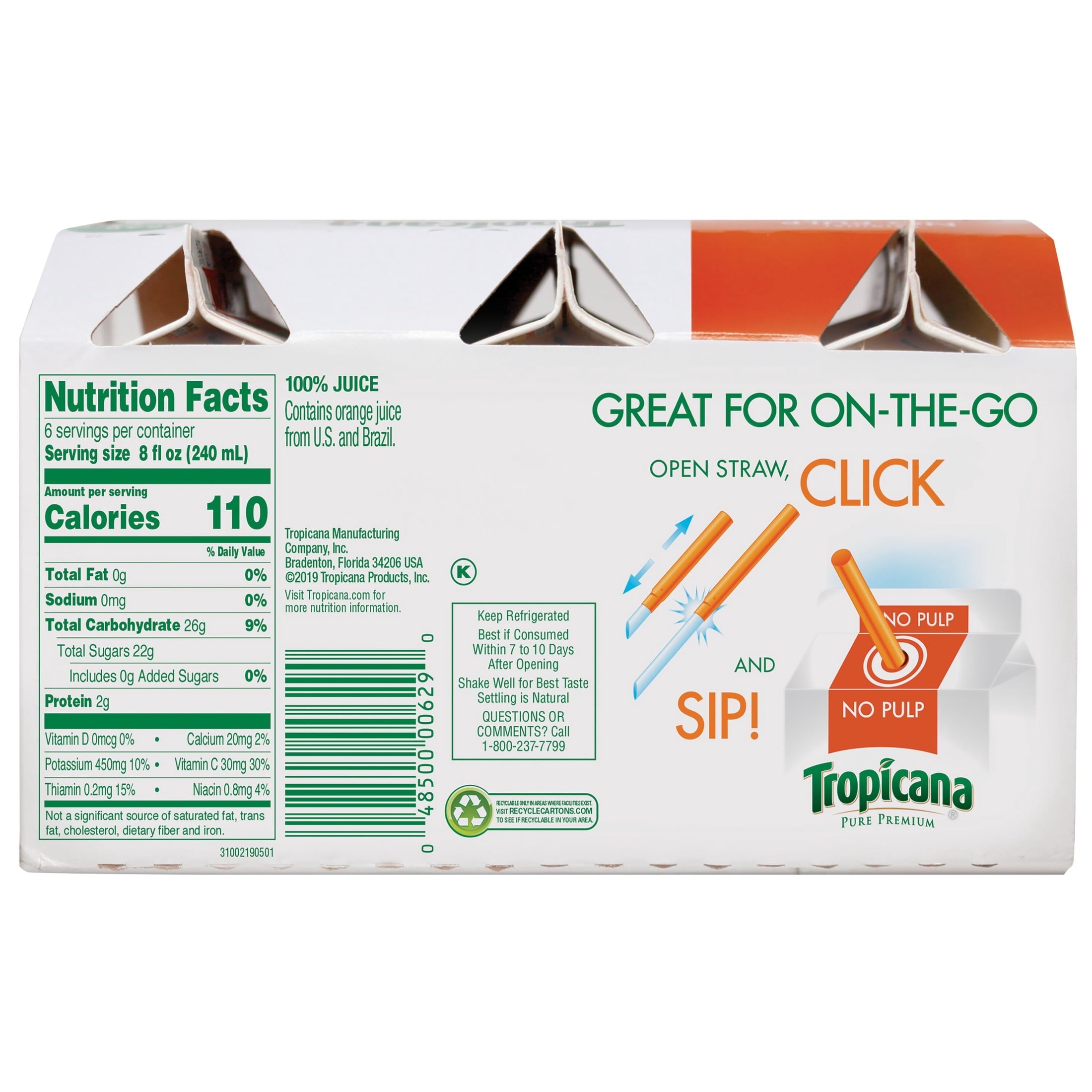 Tropicana Pure Premium 100% Orange Juice Original No Pulp 8 fl oz Cartons 6 Pack