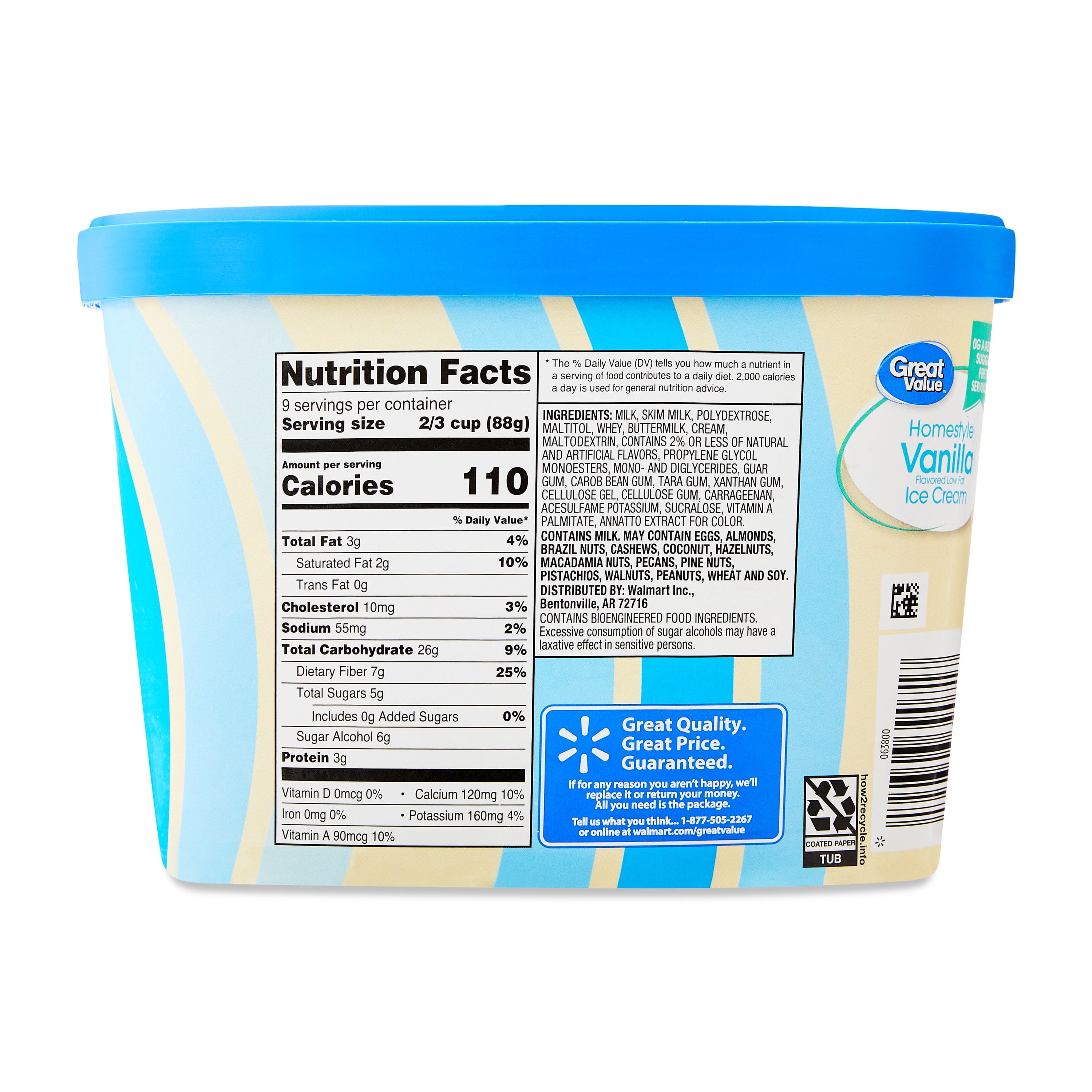 Great Value Homestyle Vanilla Low Fat Ice Cream 48 Fl Oz Tub