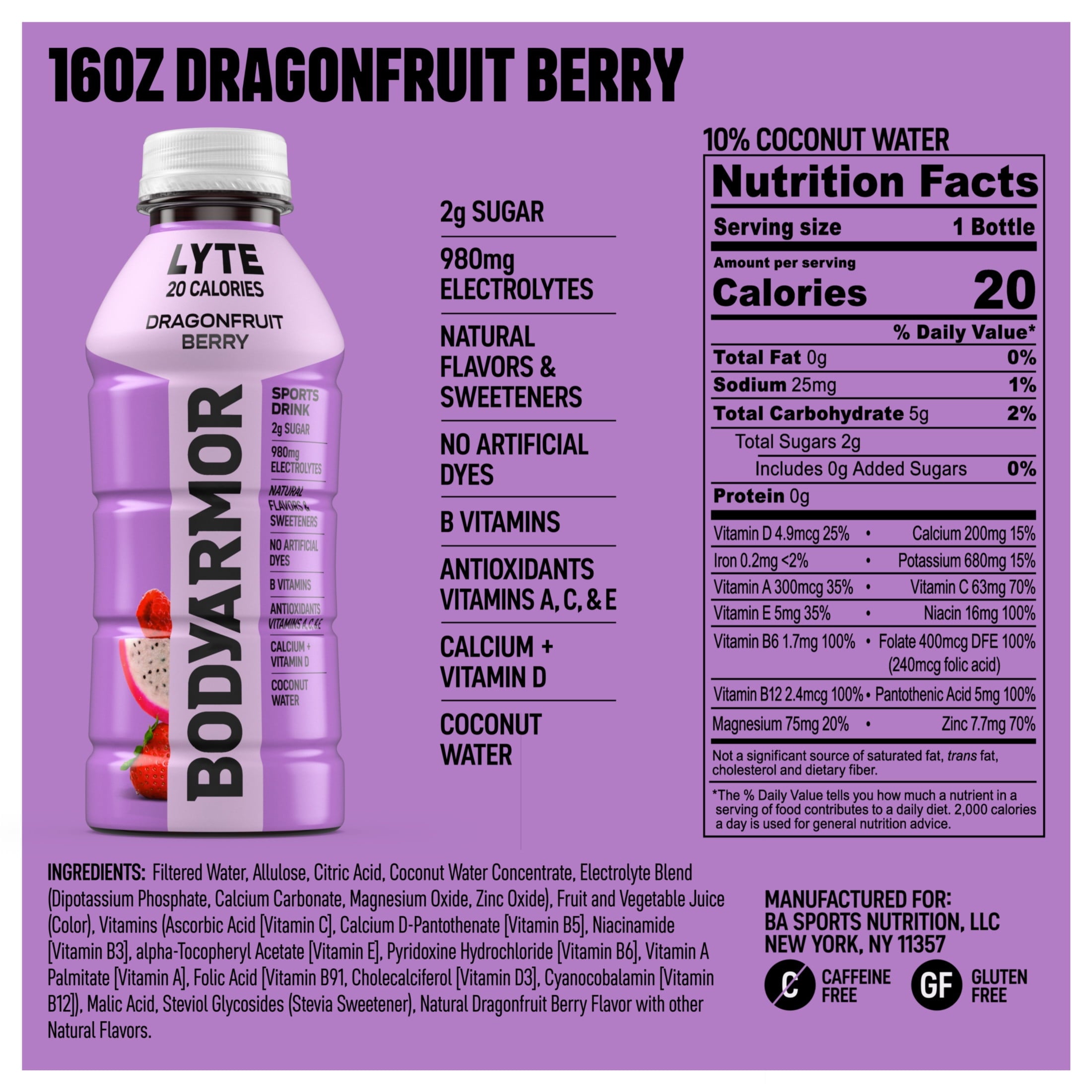 BODYARMOR Lyte Dragonfruit Berry Electrolyte Sports Drink 16 fl oz Bottle