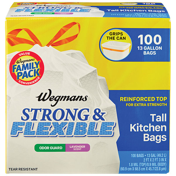 Wegmans Strong & Flexible Lavender Scent Tall Kitchen Drawstring Bags with Odor Guard 13 Gallon 100 Count Family Pack
