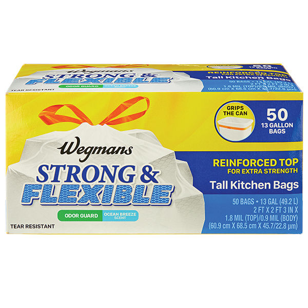 Wegmans Strong & Flexible Ocean Breeze Tall Kitchen Drawstring Bags Odor Guard 13 Gallon 50 Count