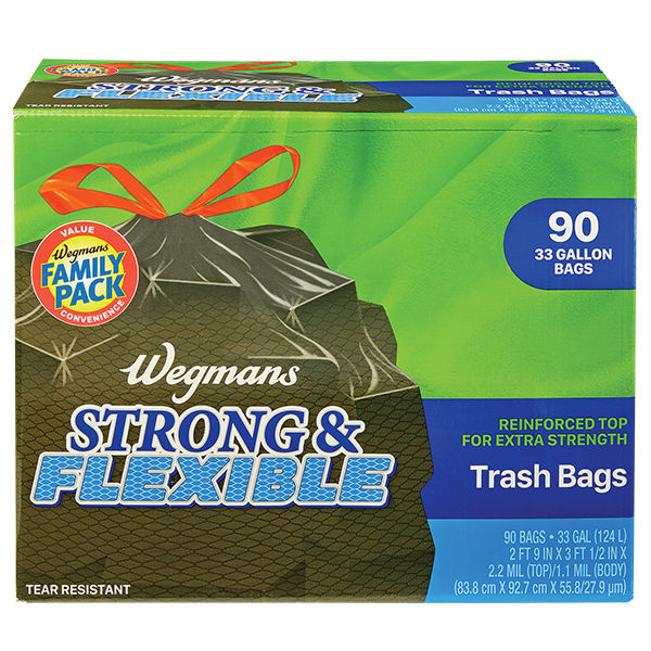 Wegmans Strong & Flexible Drawstring Trash Bags 33 Gallon 90 Count Family Pack