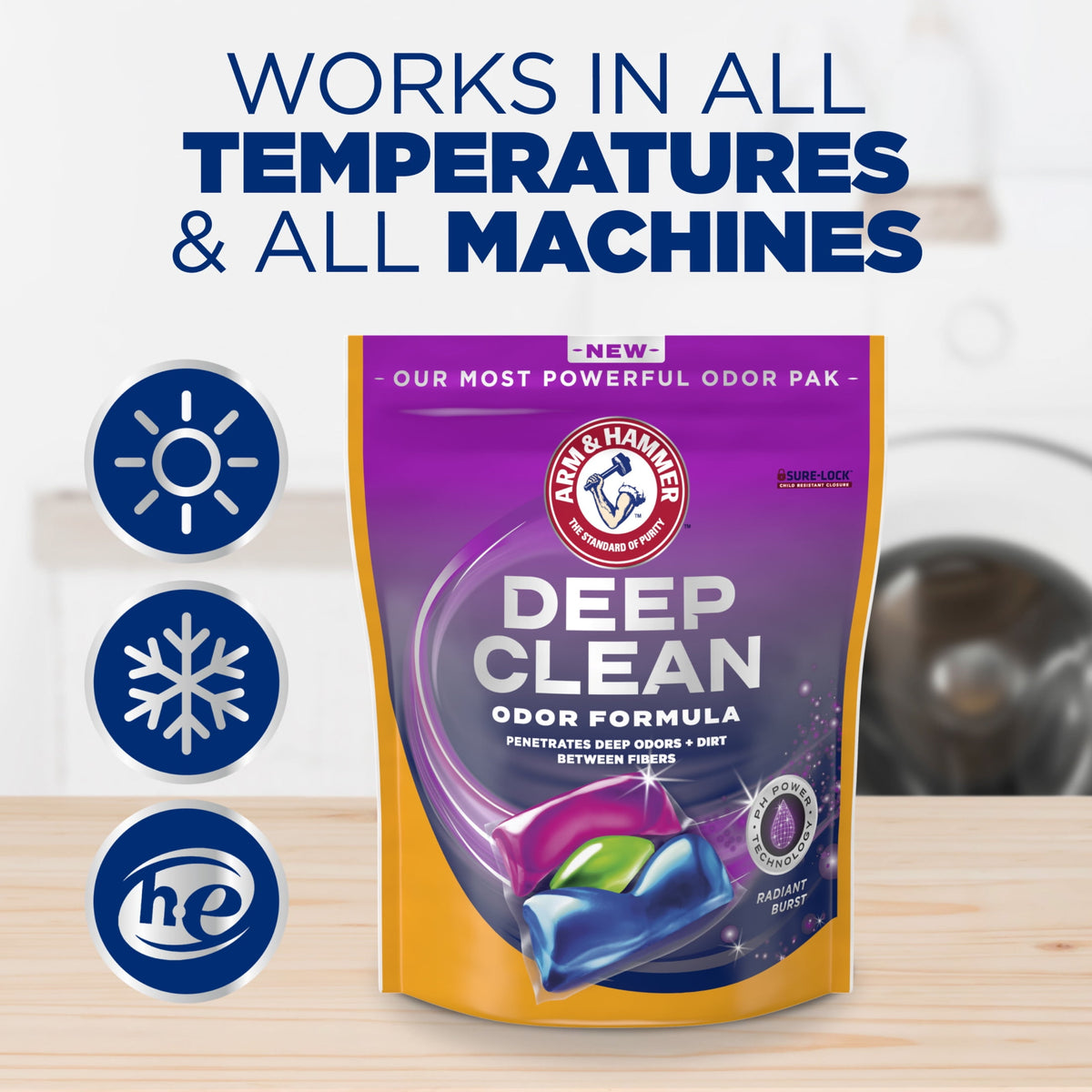 ARM & HAMMER Deep Clean Odor Formula Laundry Detergent Power Paks Radiant Burst Scent 32 Count