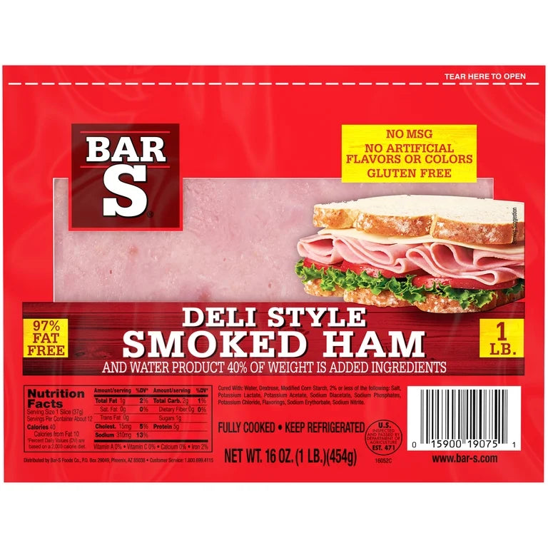 Bar-S Deli Style Smoked Ham Sliced Lunch Meat, 1lb