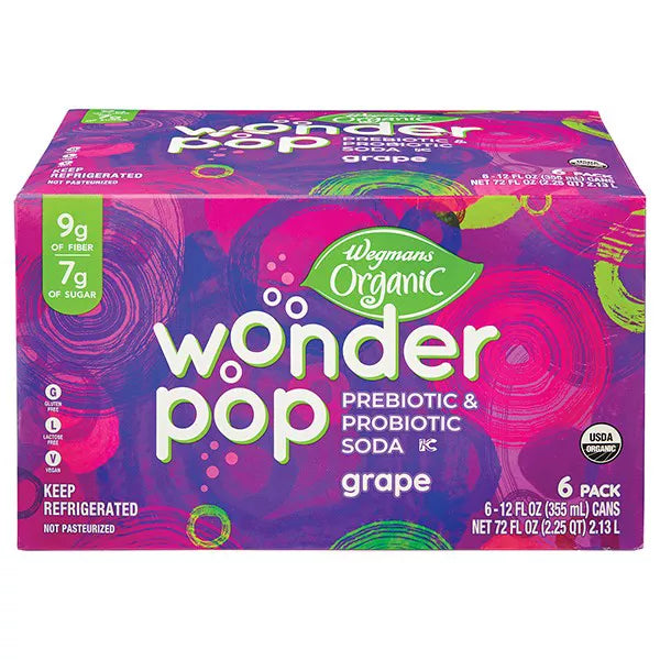 Wegmans Organic Wonder Pop Grape Soda Prebiotic & Probiotic Drink, 6 Pack 72 fl. oz.