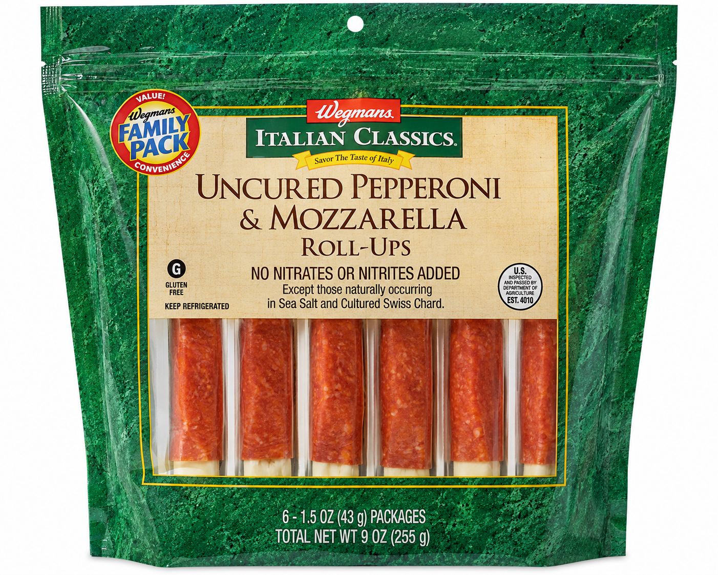 Wegmans Italian Classics Uncured Pepperoni & Mozzarella Roll-Ups, Family Pack – 9 oz