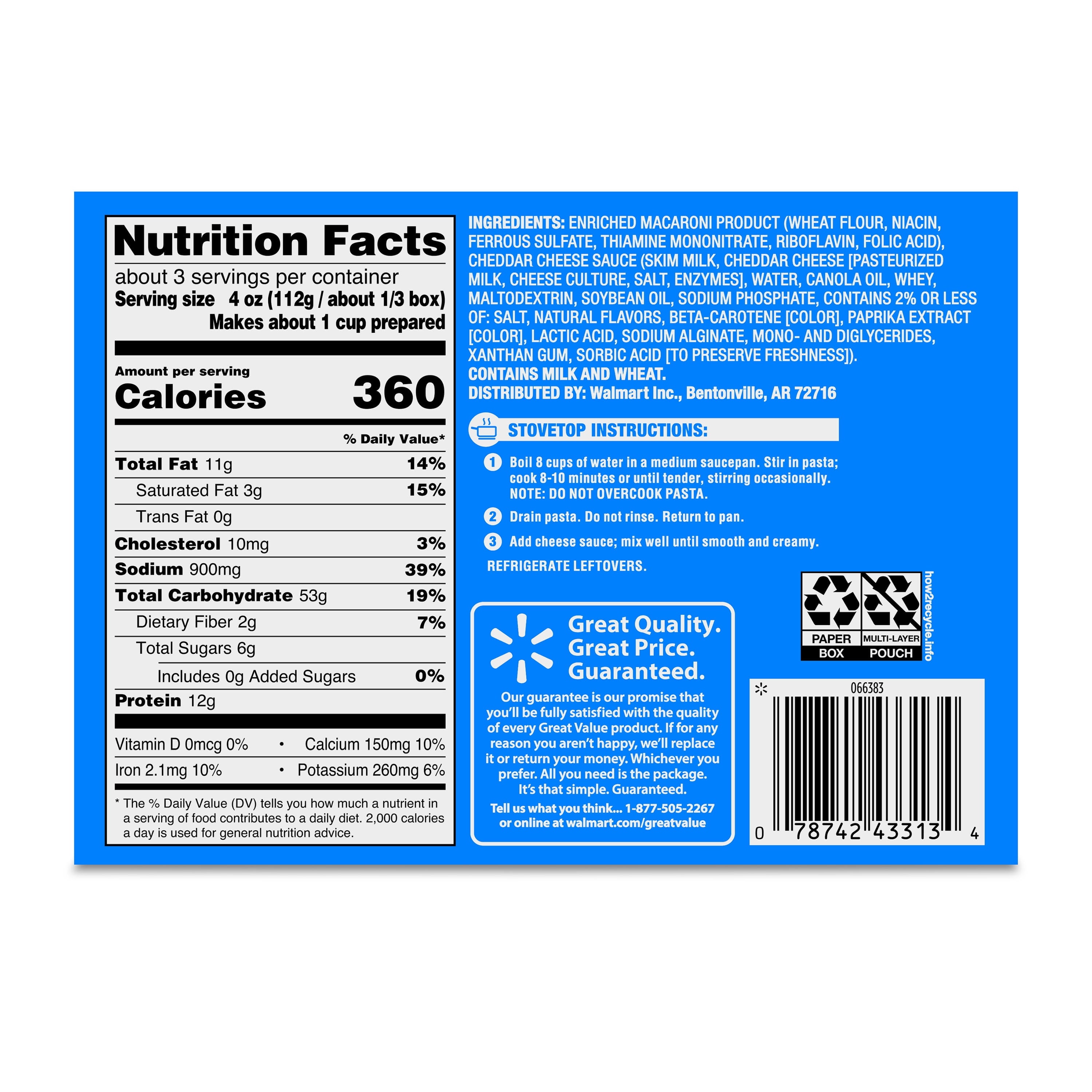 Great Value Premium Original Shells & Cheese 12 Oz 4 Pack