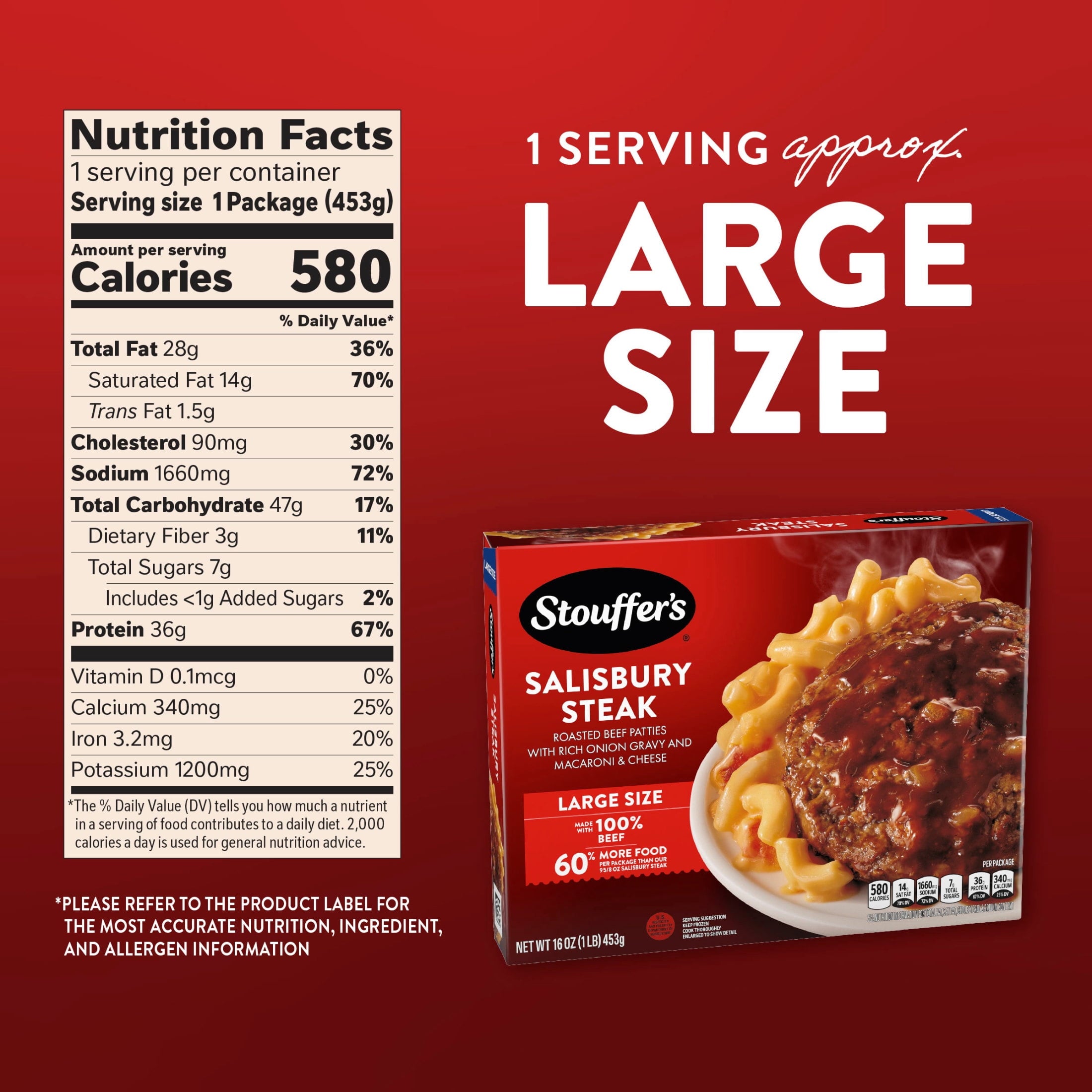 Stouffer's Salisbury Steak Large Size Meal Frozen 16 Oz