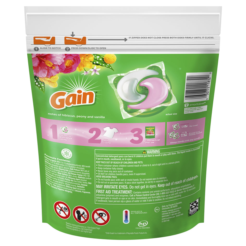 Gain Plus Flings Laundry Detergent Pacs All-In-One Happy Hibiscus Scent 18 Count