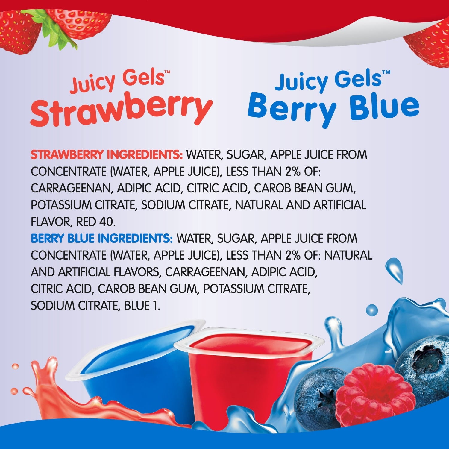 Strawberry and Berry Blue Flavored Juicy Gels 3.25 Oz 12 Count Snack Pack