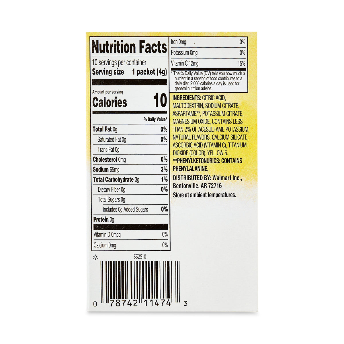 Great Value Sugar-Free Lemonade Drink Mix Packets 0.14 oz 10 Count