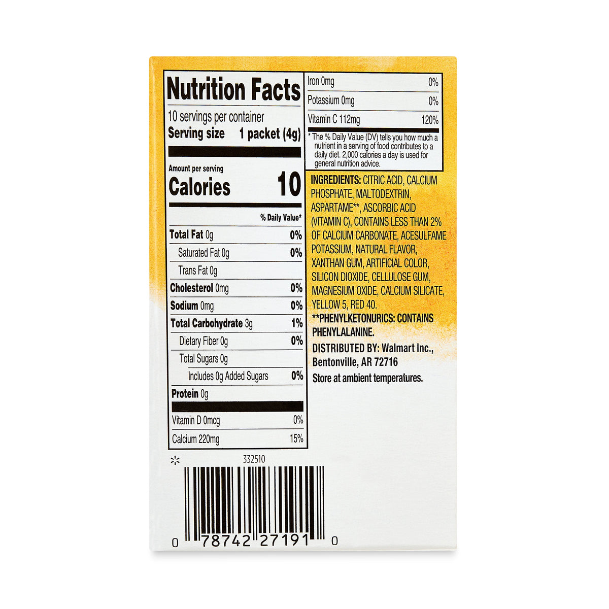 Great Value Sugar-Free Orange Early Rise Drink Mix 0.14 oz 10 Count