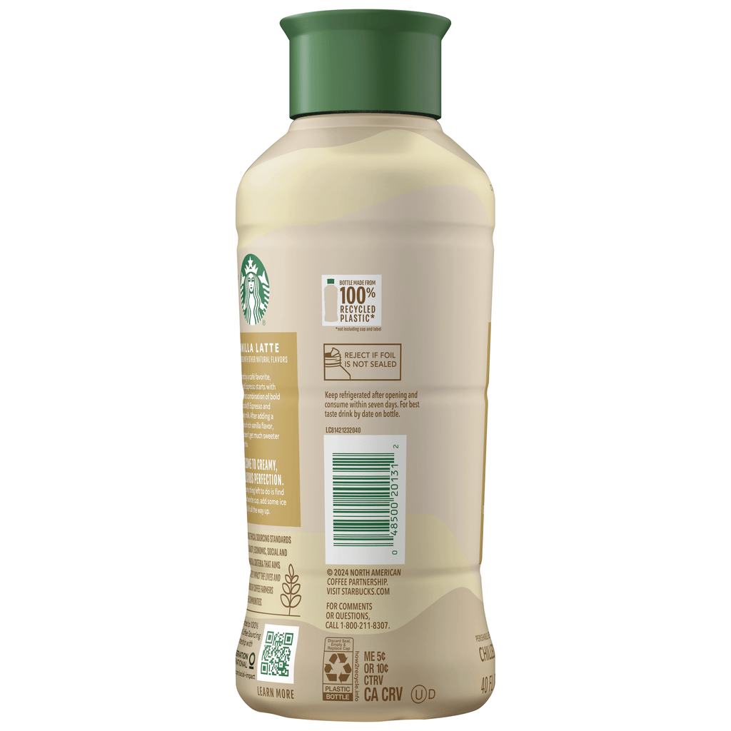 Starbucks Vanilla Latte Naturally Caffeinated Light Roast Iced Coffee Drink 40 fl oz Bottle