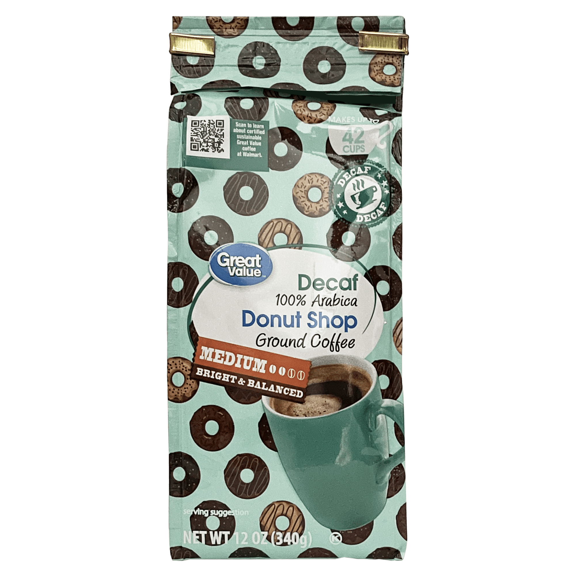 Great Value Donut Shop Naturally Decaffeinated Light Roast Ground Coffee 12 oz Bag