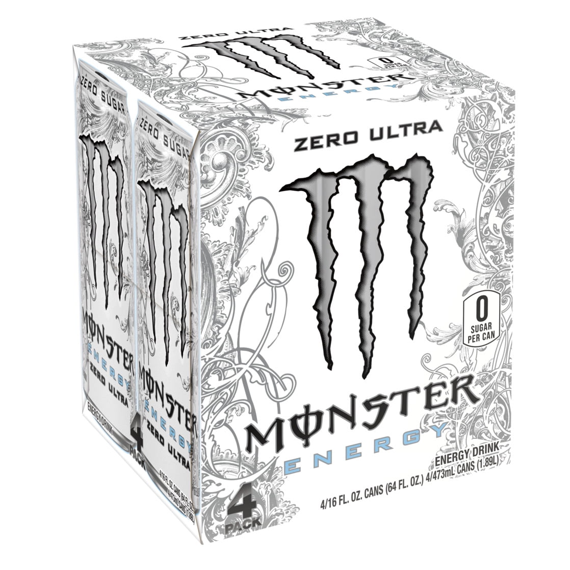 Monster Energy Zero Ultra Sugar Free Energy Drink 16 fl oz 4 Pack Cans