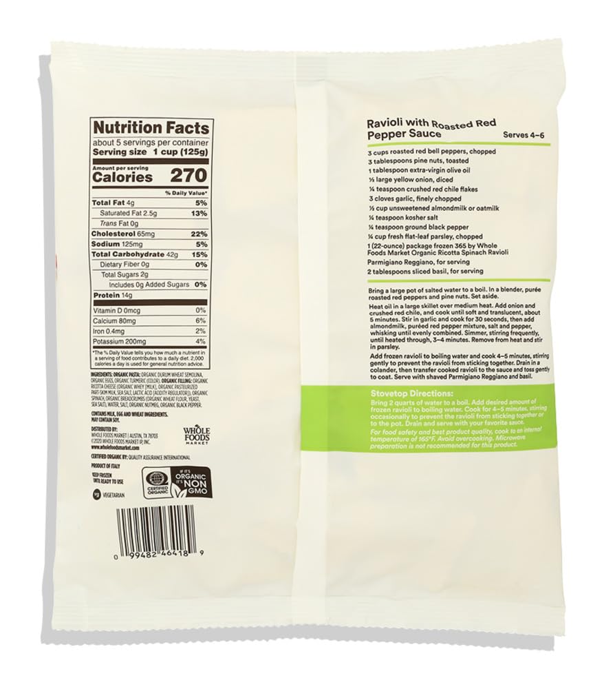 Organic Ricotta Spinach Ravioli 22 Oz 365 By Whole Foods Market