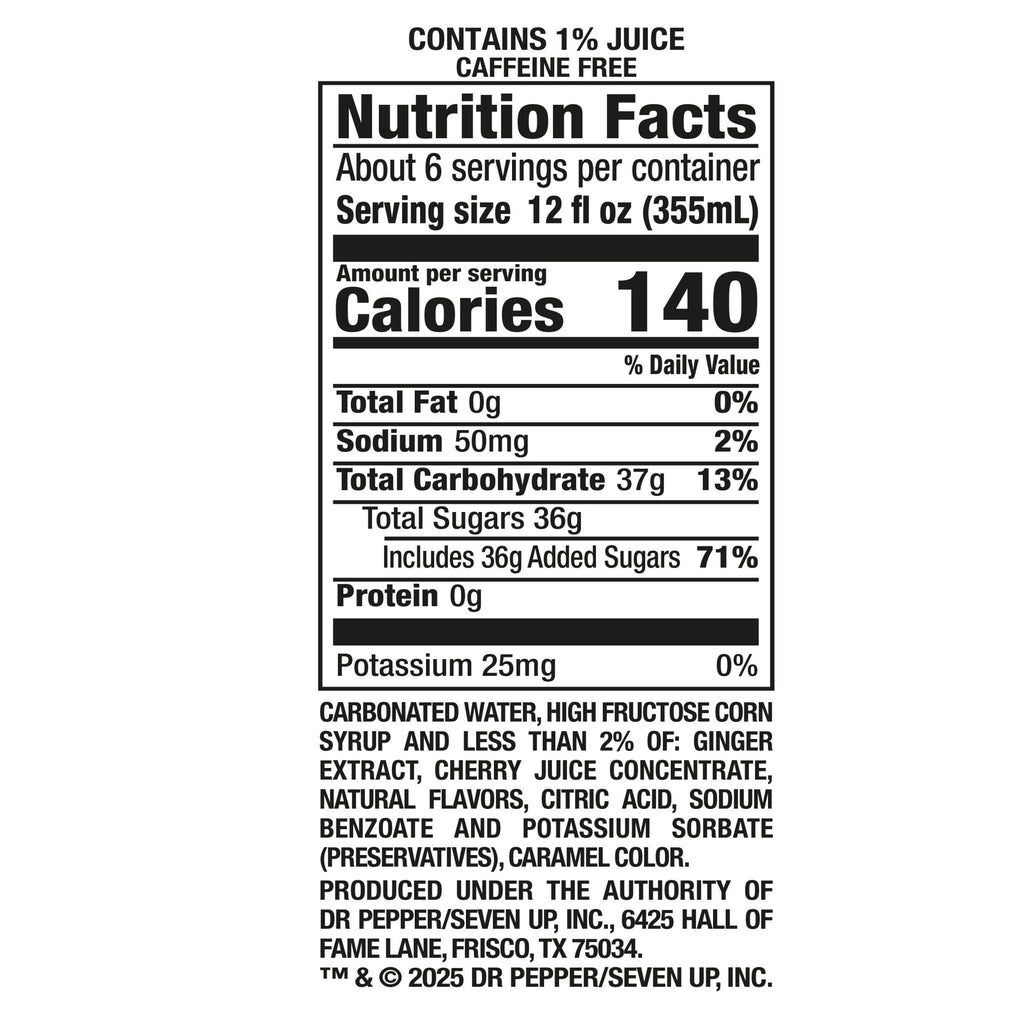 Canada Dry Caffeine Free Fruit Splash Cherry Ginger Ale Soda Pop Bottle 2 L