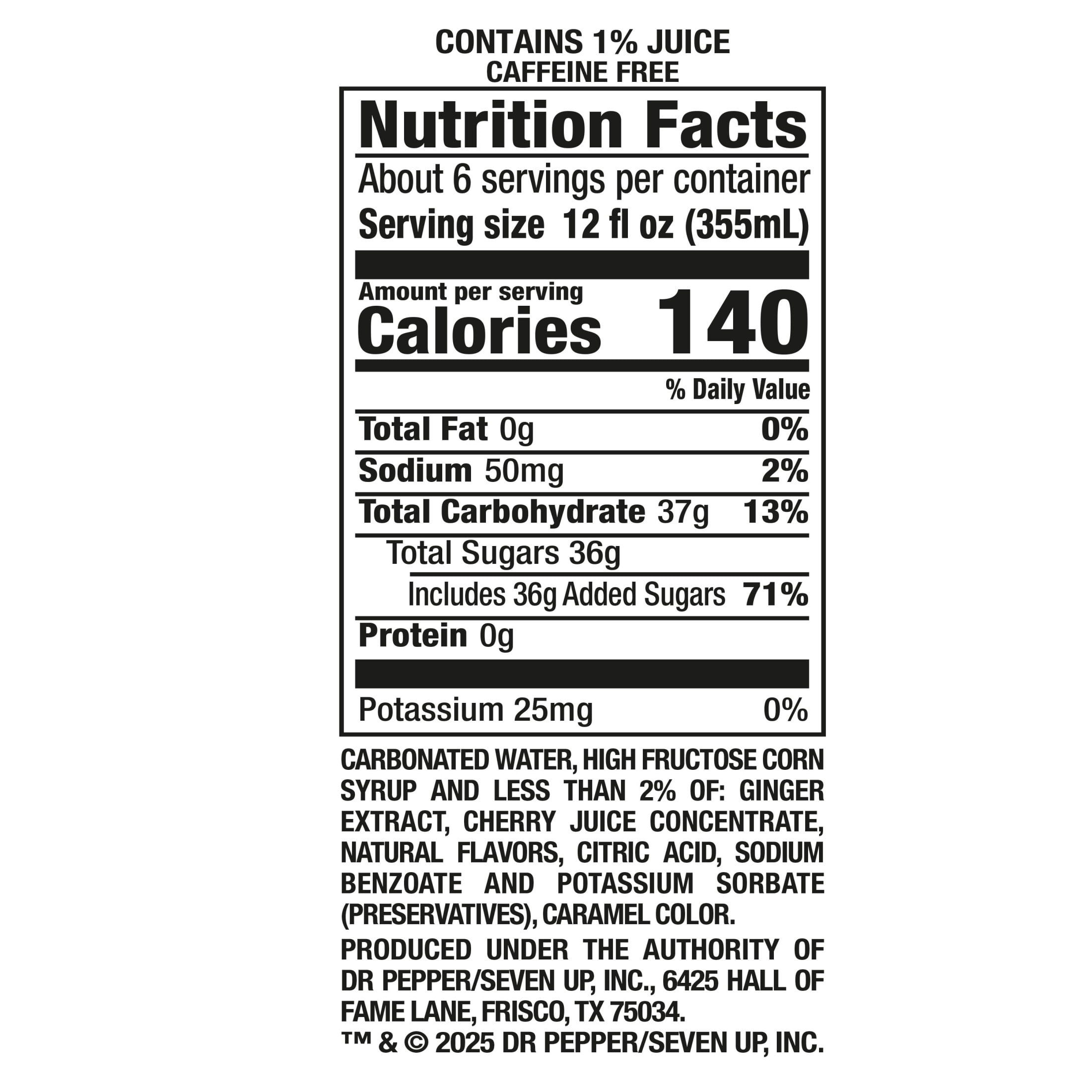 Canada Dry Caffeine Free Fruit Splash Cherry Ginger Ale Soda Pop Bottle 2 L