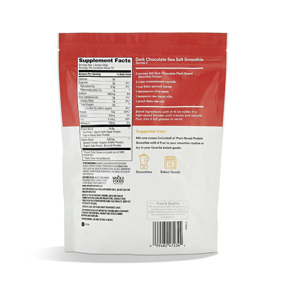 Protein Plantpowder Smoothie Rich Chocolate 9 Oz 365 By Whole Foods Market