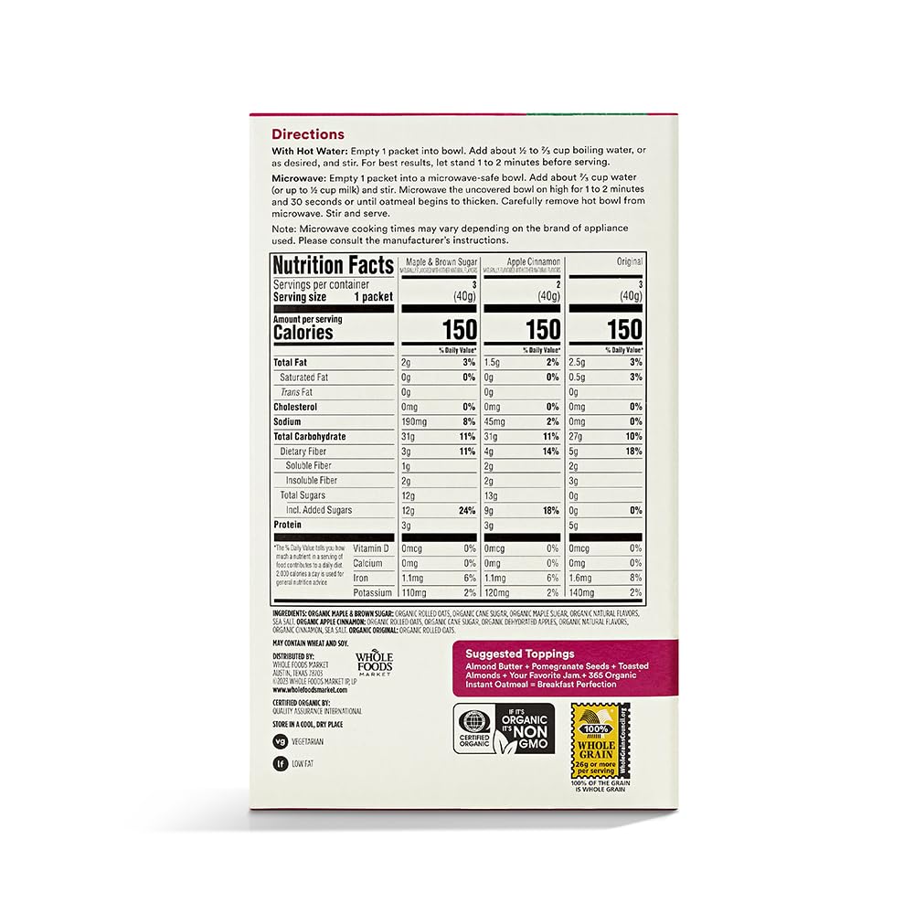Organic Variety Pack Instant Oatmeal 11.3 Oz 365 By Whole Foods Market