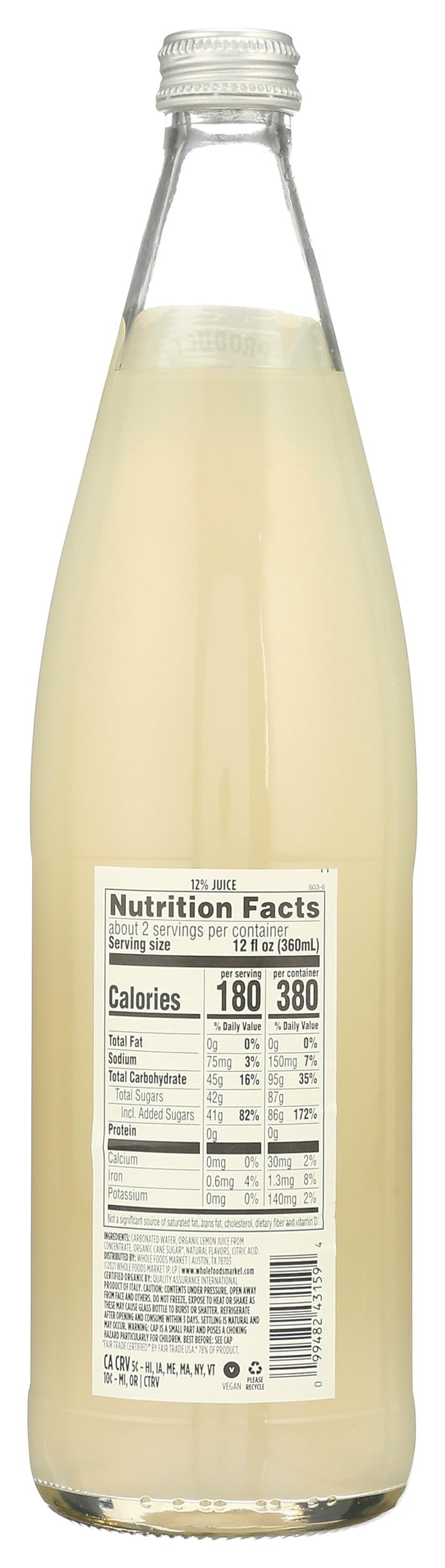 Organic Lemon Italian Soda 25.4 Fl Oz 365 By Whole Foods Market