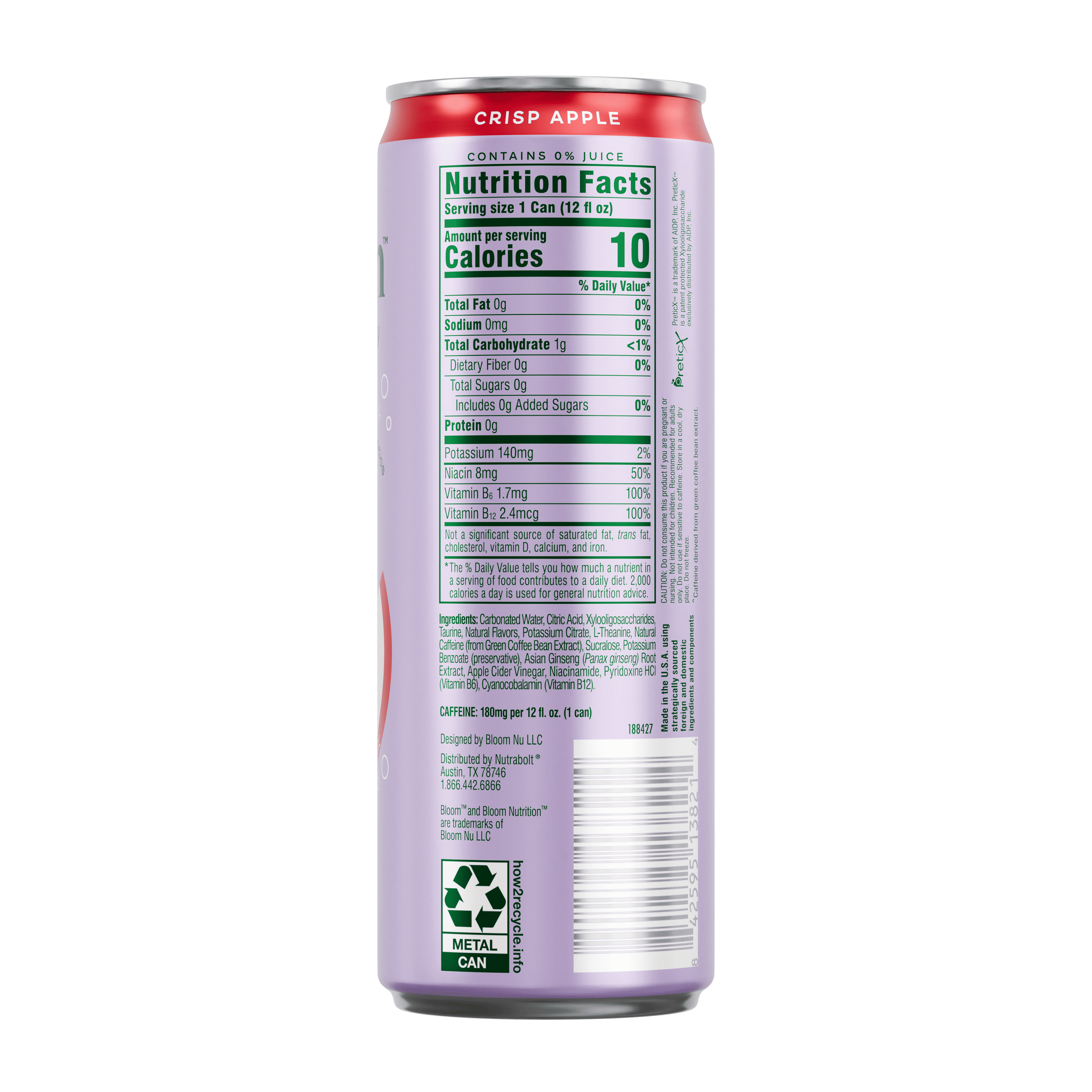 Bloom Nutrition Sparkling Energy Drink Crisp Apple 12 fl oz Single Can