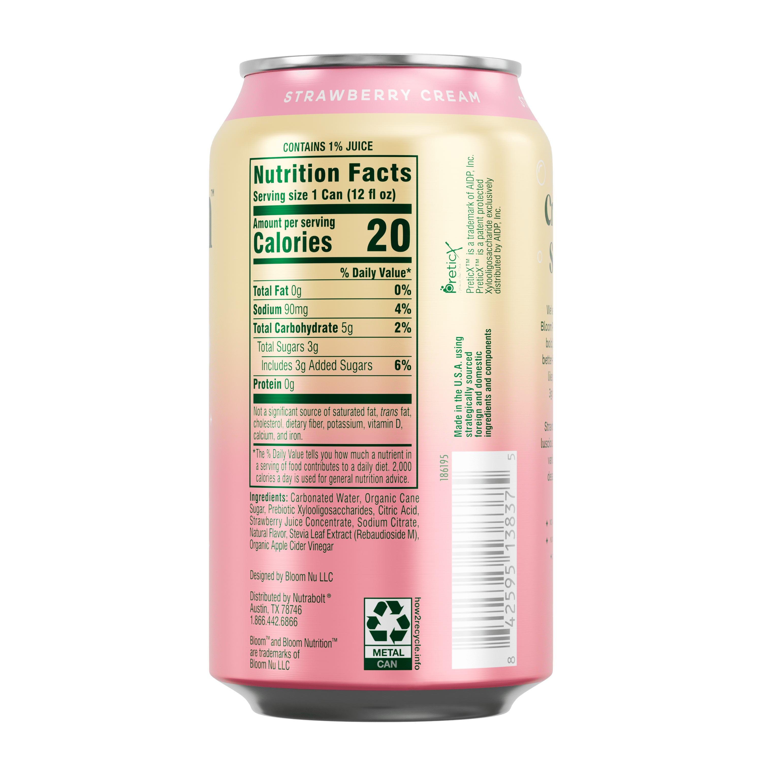 Bloom Pop Strawberries & Cream Prebiotic Soda Can 12 Fl Oz