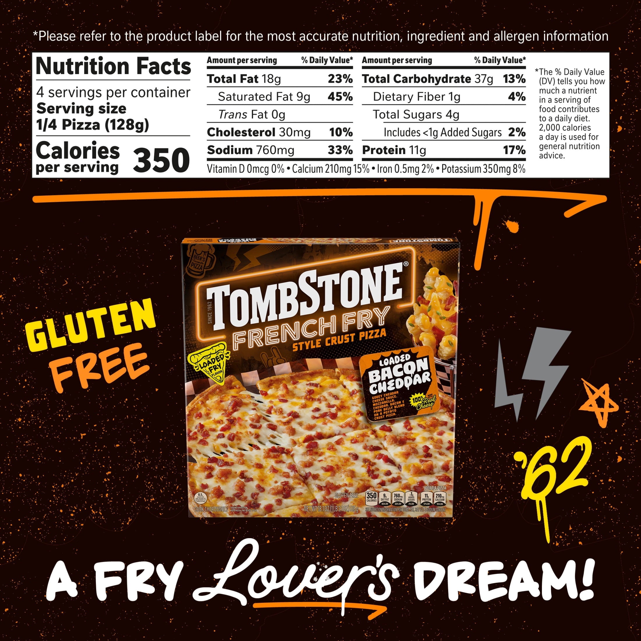 Tombstone French Fry Style Crust Loaded Bacon Cheddar Cheese Gluten Free Frozen Pizza 18.1 Oz
